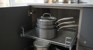 Stackable 3-piece pan set stored neatly inside a kitchen cupboard