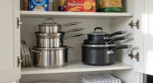 Stackable nesting induction pan set stored neatly inside a British kitchen cupboard