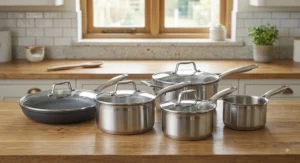 Non-stick 5-piece pan set with glass lids and stay-cool handles displayed on a wooden worktop.