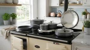 Professional non-stick pan set with glass lids resting on a traditional cream AGA range cooker.