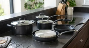 Non stick induction pan set with heat resistant handles and toughened glass lids