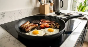Frying sausages and eggs in the large frying pan from a non-stick pan set on a modern kitchen worktop.