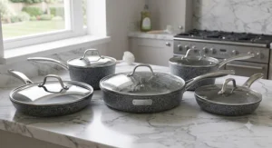 Complete hard-anodised aluminium non-stick pan set displayed on a marble kitchen island.