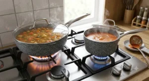Saucepans from a ceramic non-stick pan set simmering homemade soup on a gas hob.