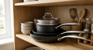 Space-saving non-stick pan set neatly stacked inside a wooden kitchen cupboard.