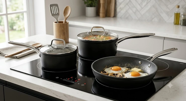A 3-piece non-stick pan set featuring two saucepans and a frying pan arranged on a sleek black induction hob.
