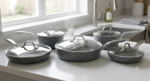 Toughened glass lids with steam vent handles fitted onto a 5-piece non-stick pan set.