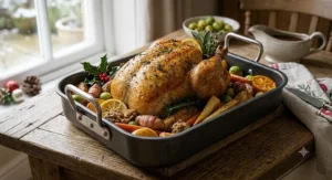 Whole festive roast turkey with all the trimmings prepared inside a deep non-stick roasting tin for Christmas dinner
