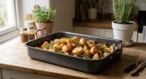 Deep non-stick roasting tin filled with crispy golden roast potatoes and fresh rosemary sprigs
