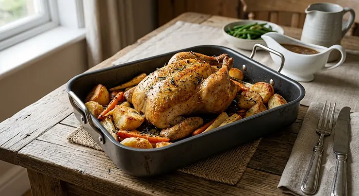 Golden roast chicken with crispy roast potatoes cooked in a deep non-stick roasting tin on a wooden dining table