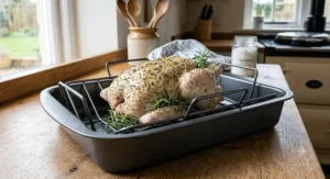 A non-stick Sunday roast tin with a wire rack holding a whole seasoned chicken ready for roasting