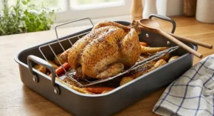 Non-stick roasting tin with rack under £40 holding a whole roast chicken