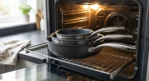 Oven-safe 3-piece pan set featuring heat-resistant stainless steel handles