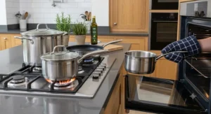 An oven-safe premium pan set with riveted stainless steel handles transitioning from gas hob to oven.