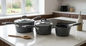 Granite effect non stick induction pan set including two saucepans and a milk pan