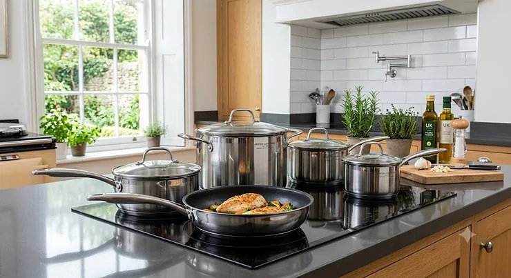 A multi-piece premium pan set in polished stainless steel displayed on a modern glass induction hob in a British kitchen.