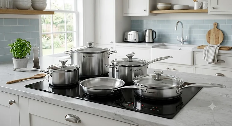 Luxury stainless steel pan set over £200 sitting on a modern black induction hob in a British kitchen. pan sets over £200