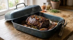 Self-basting roasting tin with lid showing a slow-cooked joint of beef and shallots