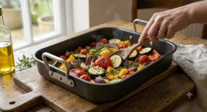 Colourful Mediterranean vegetable traybake with courgettes and red peppers roasting in a compact non-stick tin