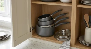 Compact stackable nesting pan set stored neatly inside a British kitchen cupboard, practical pan sets under £50.
