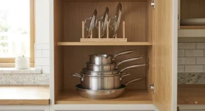 Space-saving stackable 5-piece pan set neatly stored inside a compact kitchen cupboard.