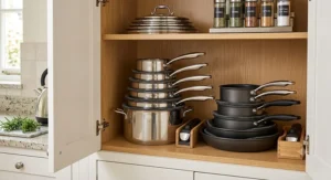 Space-saving stackable premium pan sets stored neatly inside a British kitchen cupboard.