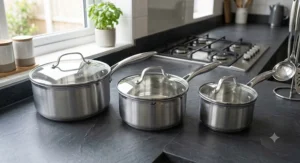 A premium stainless steel 3-piece pan set with toughened glass lids