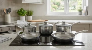 Five-piece stainless steel cookware set sitting on a modern induction hob, ideal pan sets under £50 for UK homes.