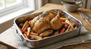 Stainless steel Sunday roast tin containing a whole roast chicken with carrots and parsnips