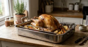 Large stainless steel roasting tin with removable wire rack holding a whole roasted turkey