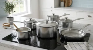 Tri-ply stainless steel pan set including stockpot and milk pan suitable for all hob types.