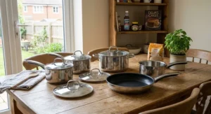 Complete contents of a value 5-piece pan set under £100 unpacked on a dining table ready for everyday UK cooking