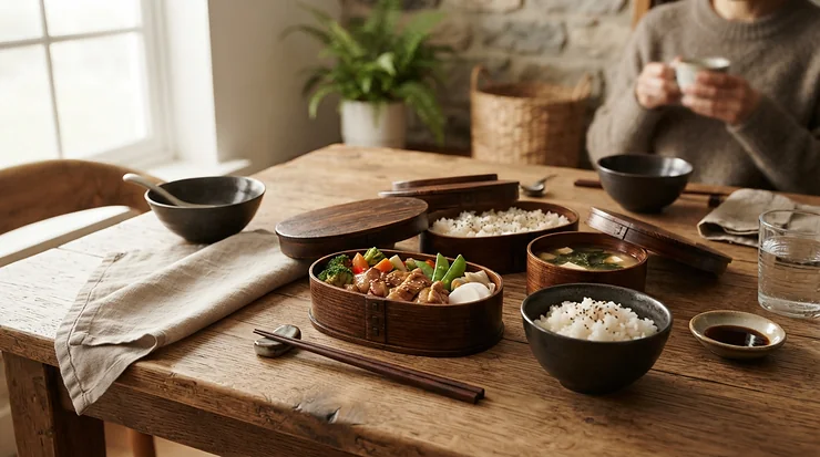Table setting featuring bamboo steamers under 20 for a casual dinner party