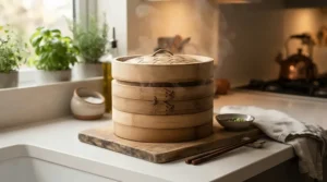 A complete bamboo steamers under 20 set with lid placed on a modern kitchen counter