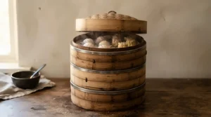 Two-tier bamboo steamers under 20 showing large cooking capacity