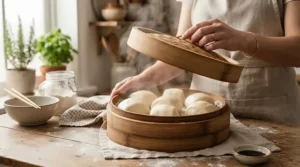 Home cook steaming buns at home using bamboo steamers under 20