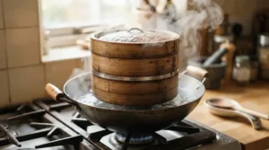 Close-up of bamboo steamers under 20 resting securely over a traditional wok