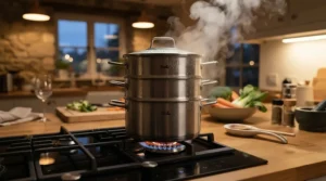 Preparing a family dinner with the best 3-tier stacked steamer on a traditional induction hob