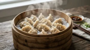 Close-up of freshly made dumplings cooking inside the best bamboo steamer