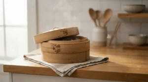 A traditional best bamboo steamer resting on a modern kitchen counter ready for evening cooking