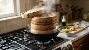 The best bamboo steamer fitted securely over a traditional carbon steel wok on the stove