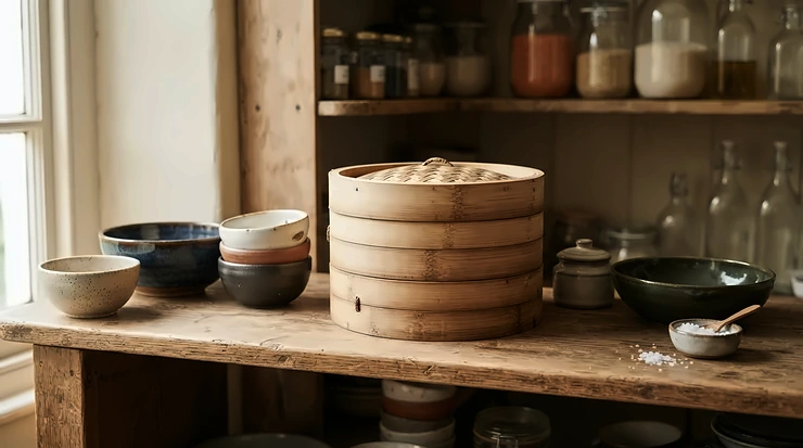 Storing the best bamboo steamer neatly away in a kitchen cupboard after use
