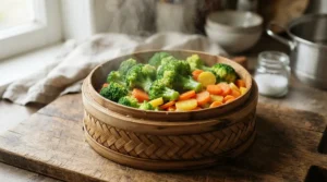 Colourful fresh vegetables cooking gently inside a tiered best bamboo steamer