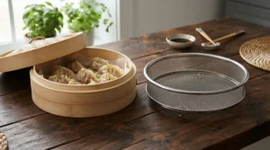 Comparing the natural best bamboo steamer against a standard metal colander in a home kitchen