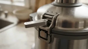 Close-up showing advanced safety mechanisms on the lid of one of the best pressure cookers