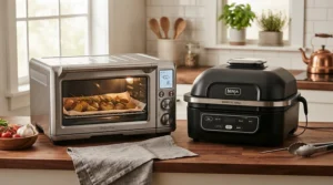Comparing features of the best pressure cookers versus a slow cooker in a cosy British family kitchen