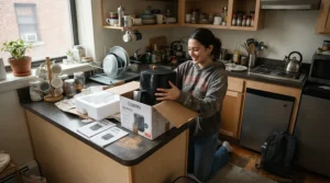 A university student setting up one of the best pressure cookers in a compact campus accommodation kitchen