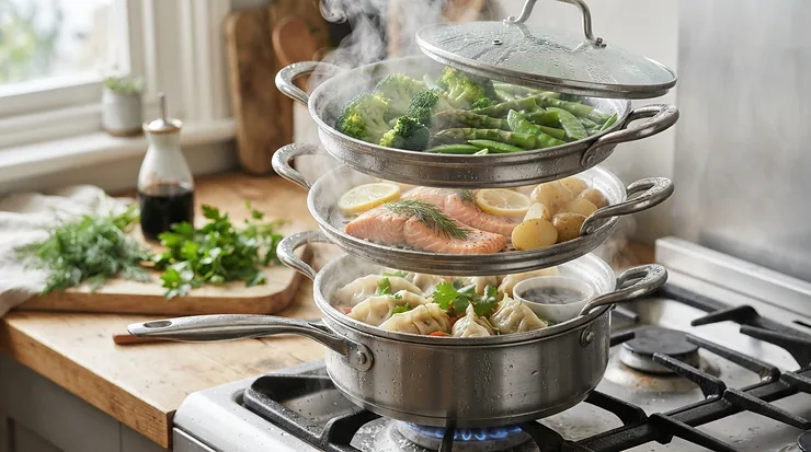 The best stacked steamer for cooking multiple dishes at once, featuring fish, rice, and greens