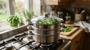 Quick healthy midweek supper cooked with the best stacked steamer on a gas hob