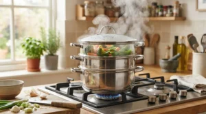 Our top pick for the best stacked steamer being used to prepare vegetables alongside a British Sunday roast